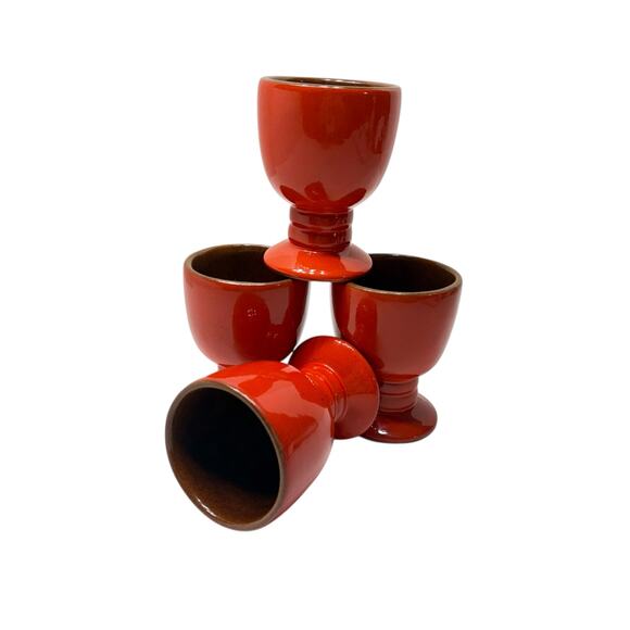 Vintage 1970s Frankoma Pottery 4 Goblets 26LC Red Glazed Artist Marked USA - Picture 1 of 8